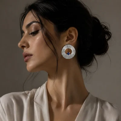 گوشواره نقره دستساز در گوش مدل با لبا استخوانی