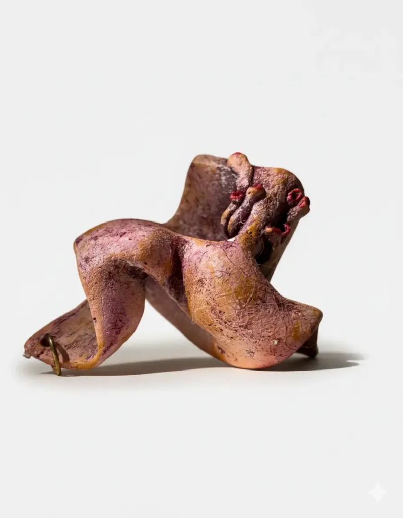 گردنبند دست‌ساز پاپیه ماشه با طرح انتزاعی و رنگ زرشکی و کرم، زیورآلات هنری خاص از زاویه سوم