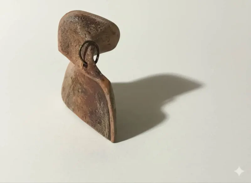 گردنبند دست‌ساز با آویز از جنس پاپیه ماشه و تزئینات موی بز، عکاسی شده در پس‌زمینه سفید برای نمایش بافت و جزئیات هنری.