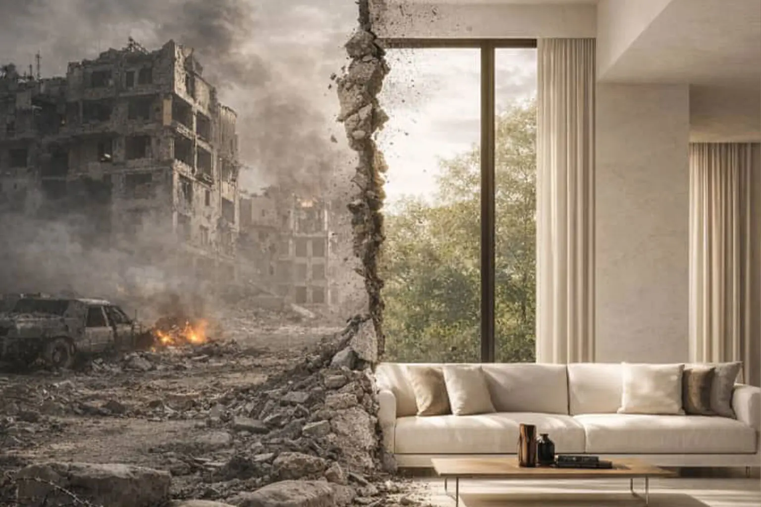 تصویر دو بخشی تضاد بین ویرانه‌های جنگ و فضای داخلی مینیمالیستی؛ سمت چپ ساختمان‌های خراب و خاکستر، سمت راست کاناپه کرم، میز چوبی و نور طبیعی آرام، نمایش بازسازی و آرامش در طراحی داخلی مینیمال.