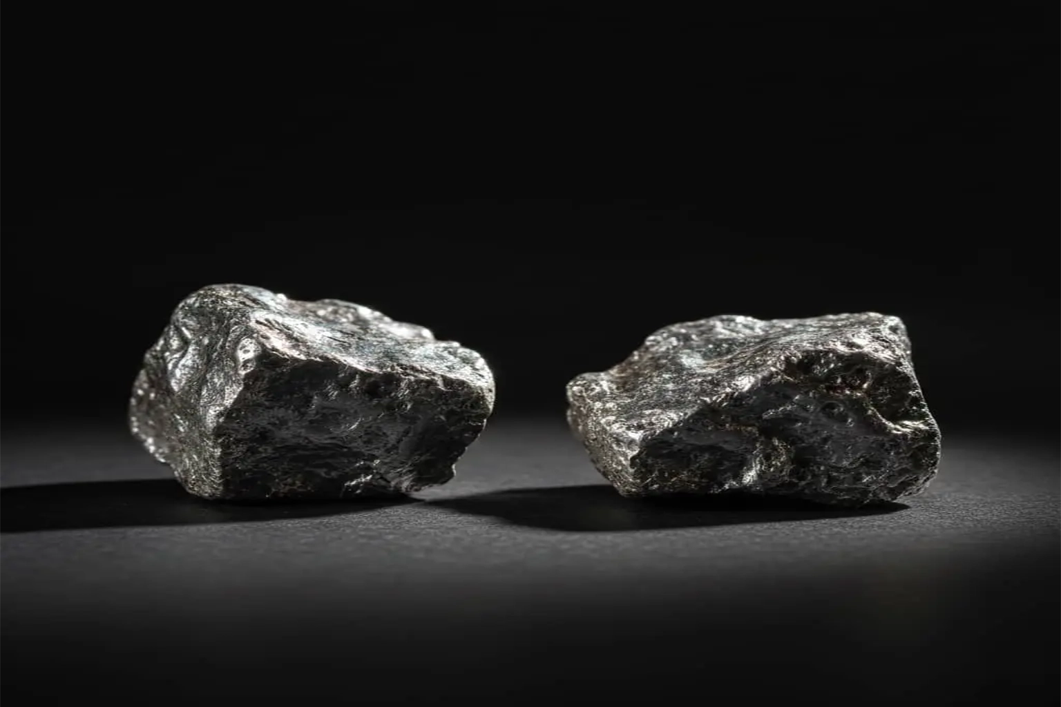 نمای نزدیک از دو قطعه صخره‌ای و نامنظم نقره خام با بافت طبیعی و متخلخل بر روی پس‌زمینه کاملاً سیاه و یکدست.