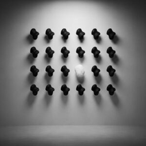 یک چیدمان مینیمال شامل چندین فرم هندسی تیره و مشابه روی دیوار که در میان آنها تنها یک فرم با همان شکل اما به رنگ سفید خودنمایی میکند.