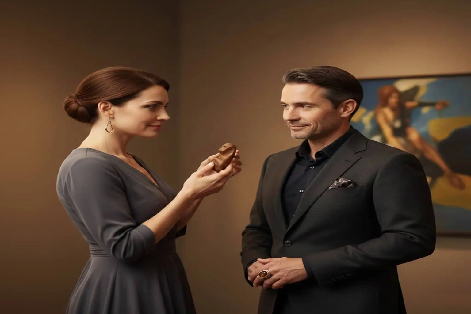 تصویر دو فرد با پوشش آراسته در فضایی ساده که با نگاهی عمیق و مجذوب به یک قطعه جواهر دست‌ساز خیره شده‌اند.