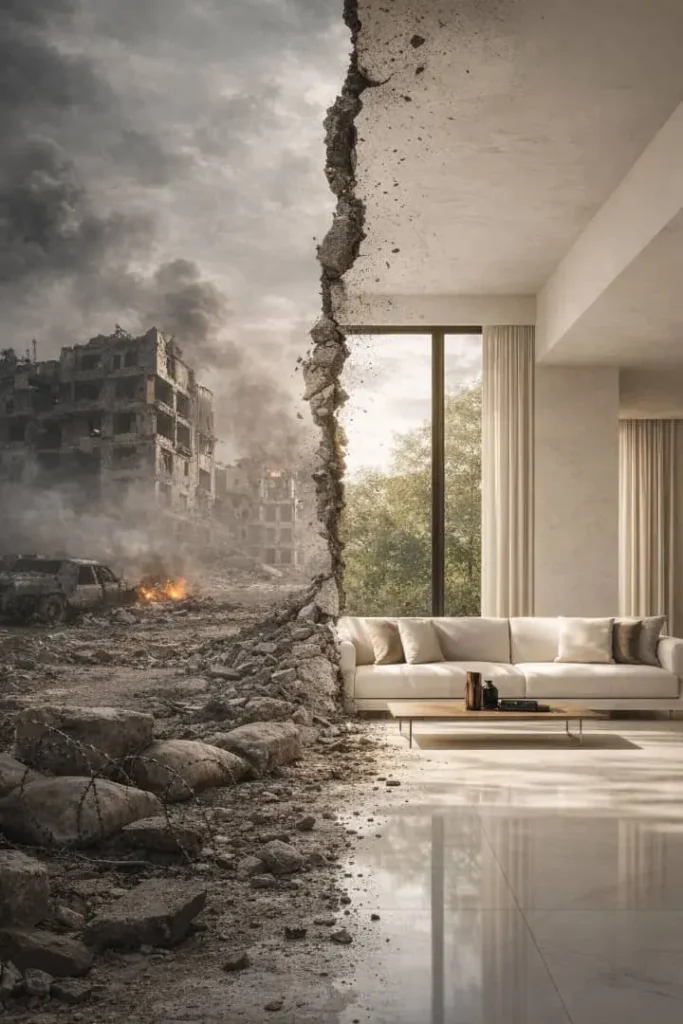 تصویر دو بخشی تضاد بین ویرانه‌های جنگ و فضای داخلی مینیمالیستی؛ سمت چپ ساختمان‌های خراب و خاکستر، سمت راست کاناپه کرم، میز چوبی و نور طبیعی آرام، نمایش بازسازی و آرامش در طراحی داخلی مینیمال.