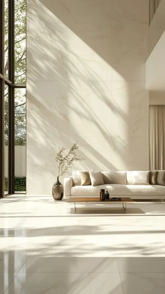 نشیمن مینیمالیستی با دیوار و کف سنگی روشن، پنجره قدی بزرگ، نور طبیعی مایل، کاناپه کرم مدرن و میز جلو مبلی چوبی در فضایی آرام و معاصر