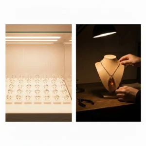 تصویر مقایسهای از جواهرات صنعتی در ویترین روشن و یک گردنبند دستساز روی مانکن در کارگاه برای نمایش تفاوت انتخاب شخصی و تولید انبوه.